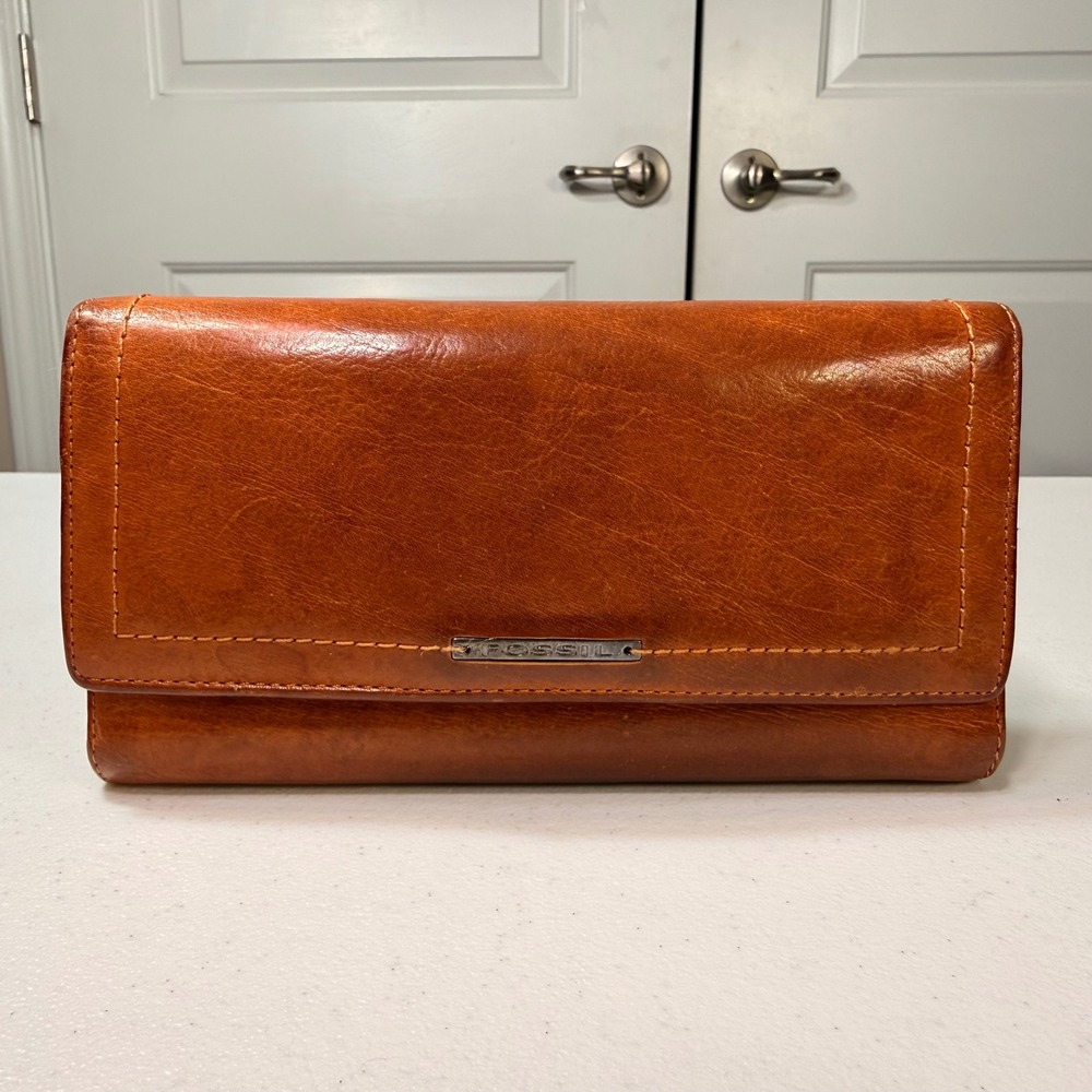 Fossil Brown Leather Trifold Clutch Wallet Organizer Zip Pocket Cognac OS